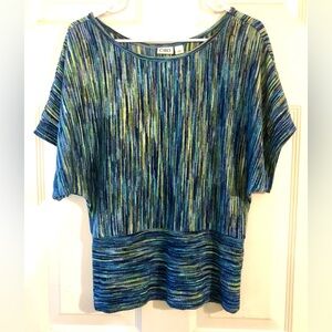 Cato Blue Chartreuse Green Marled Colors Short Sleeve Poly Knit Sweater Medium